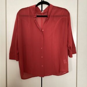 Deep Coral sheer Button-Up Blouse